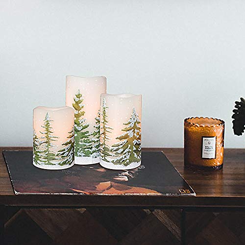 Image of Eldnacele Green Tree Christmas Decor Flameless Flickering Candles with Automatical Daily Timers, Battery Operated LED Candles Real Wax Decals Pack 3 Tiered Pillars 3 x 4 5 6 Inches