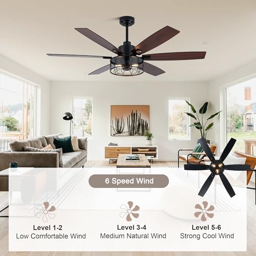 Image of Farmhouse Ceiling Fan with Lights Remote 60 inch Rustic Ceiling Fan | Black Caged Fandelier, Large Chandelier Light for Living Room Covered Outdoor, Reversible Quiet DC Motor 6 Speed, 3 E26 Bulbs
