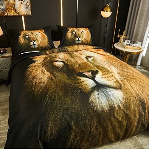 Duvet Cover King Size - Black 3D Lion Animal Print Bedding Set, Washed Microfiber King Duvet Cover Set 3 Pieces With Zipper Closure, 1 Duvet Cover 102 * 90 Inches And 2 Pillow Sham #TOP2