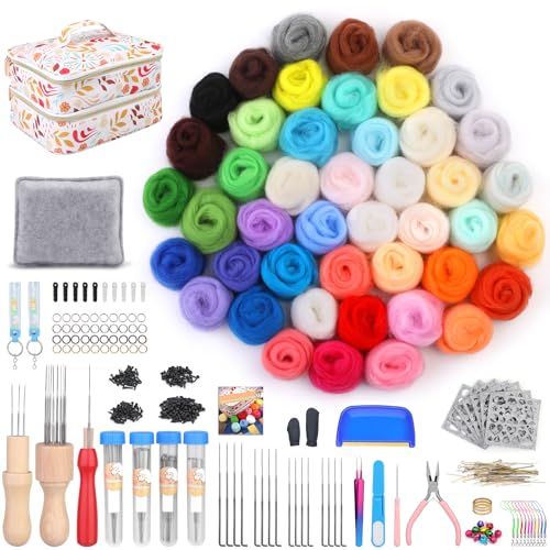 Riddur 385-teiliges Nadelfilz-Set, 45 Farben Filzwolle Trockenfilzen Starterset, Grundlegenden Filzwerkzeugen und Zubehör, Weichem Nadelfilzpad für Diy Bastelprojekte und Handarbeiten