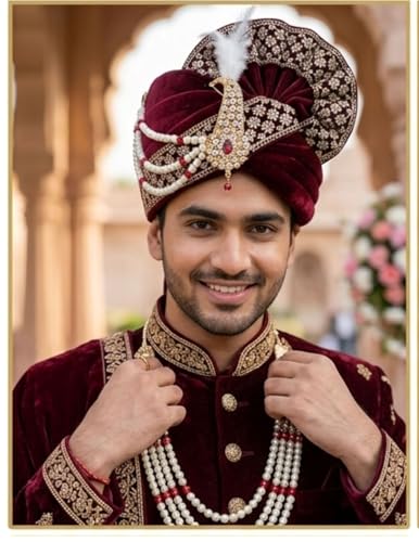 Image of BookMyCostume Dulha & Royal Wedding Turban Collection - Premium Silk, Velvet, Zari Work Safa with Kalgi & Brooch - Traditional Indian Dulha Pagdi /Sehra Perfect for Weddings & Role Plays for Men & Kids