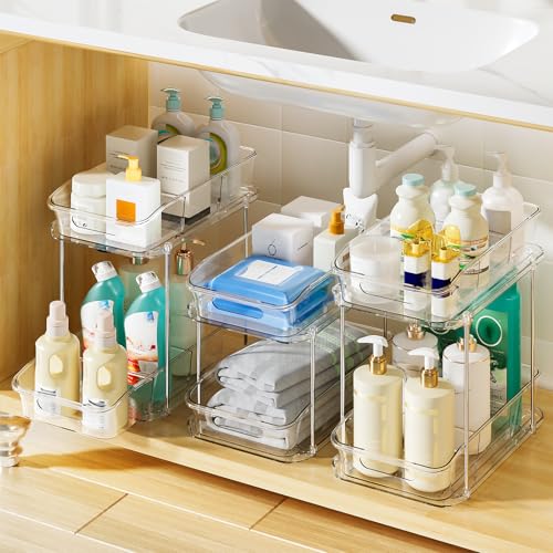 Image of Delamu 2-Tier Under Sink Organizers and Storage, Multi-Purpose Stackable Bathroom Cabinet organizers, Pull Out Kitchen Pantry Organization and Storage with Dividers(3 Pack, Clear)