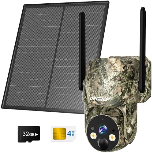DFGRD 4G LTE Cámara de Vigilancia Exterior Solar con Tarjeta SIM, sin WiFi, 2K Camara Caza sin cables con Batería 10400mAh, Detección de Movimiento, 360° PTZ Visión Nocturna, Audio Bidireccional, IP66