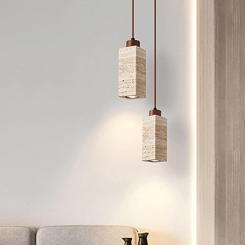 Miniatura 2 de Japanese Style Stone Pendant Light Fixture Yellow Travertine Hanging Lamp with Wood Finish Mini Cylinder Pendant Lighting for Kitchen Island Tubo