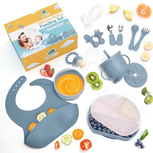 Image of Silicone Baby Feeding Set 17 Pcs -Baby Lid Weaning Supplies including Divided Plate with Lid, Cup, Adjustable Bib, Toddler Spoons and Forks, Perfect for Self-Feeding with Fruit Feeder (BLUE)