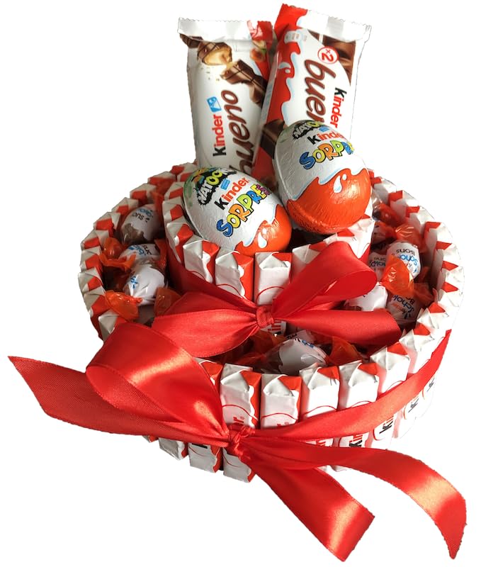 Tartas Kinder: Cesta de chocolate perfecta para regalar en Navidad, San Valentín y cumpleaños con Kinder Bueno, Schoko Bons, Ferrero y flores preservadas (Circular Big 2 pisos)