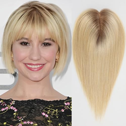 HAIRCUBE Human Hair Toppers For Women, 100% Remy With Bangs, 150% Density Silk Base Clip In 7 * 13cm Topper 10 inch 35g - Ombre Light Blonde.