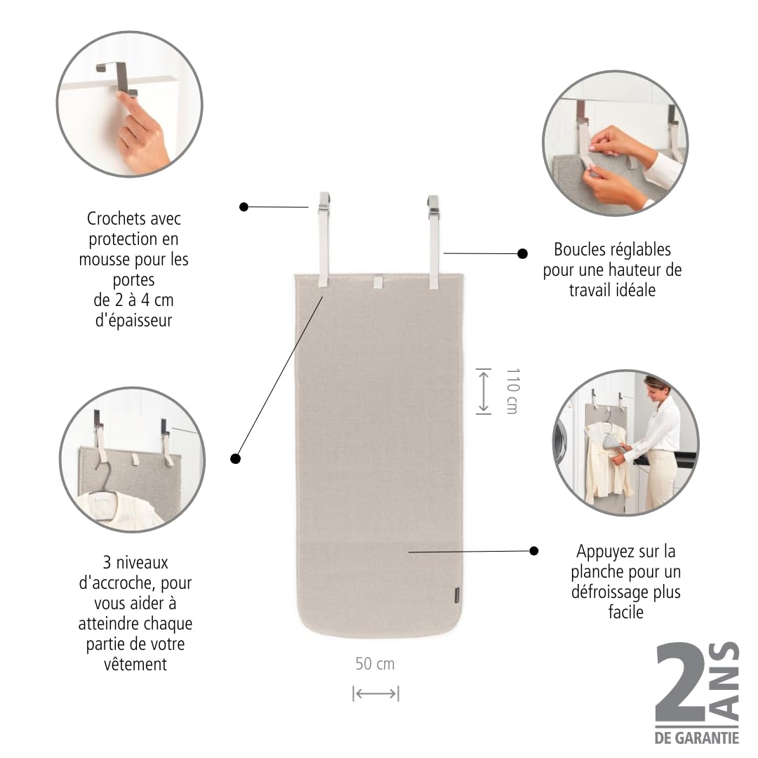 Brabantia - Nappe pour défroisseur à Suspendre - Résiste à la Chaleur - Crochets de Porte, Couche protectrice & Boucles pour cintres - Parfaite avec Les défroisseurs portatifs - 110cm x 50cm - Grey