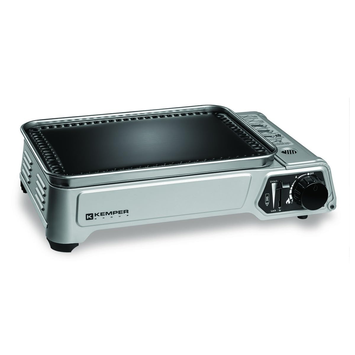 KEMPER - Plancha de gas portátil de 2300 W, placa antiadherente + 8 cartuchos de gas camping + maleta de transporte