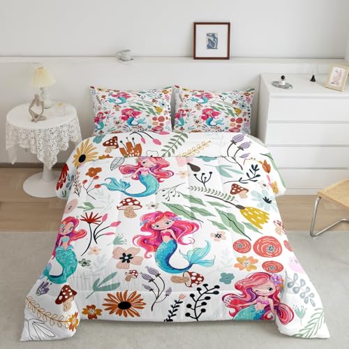 Erosebridal Cute Mermaid Comforter Set Mushroom Floral Twin Bedding Sets for Boys,Cartoon Animal Quilt Watercolor Flowers Leaves Toddler Duvet Insert for Girls Kids Children,Kawaii Room Deco