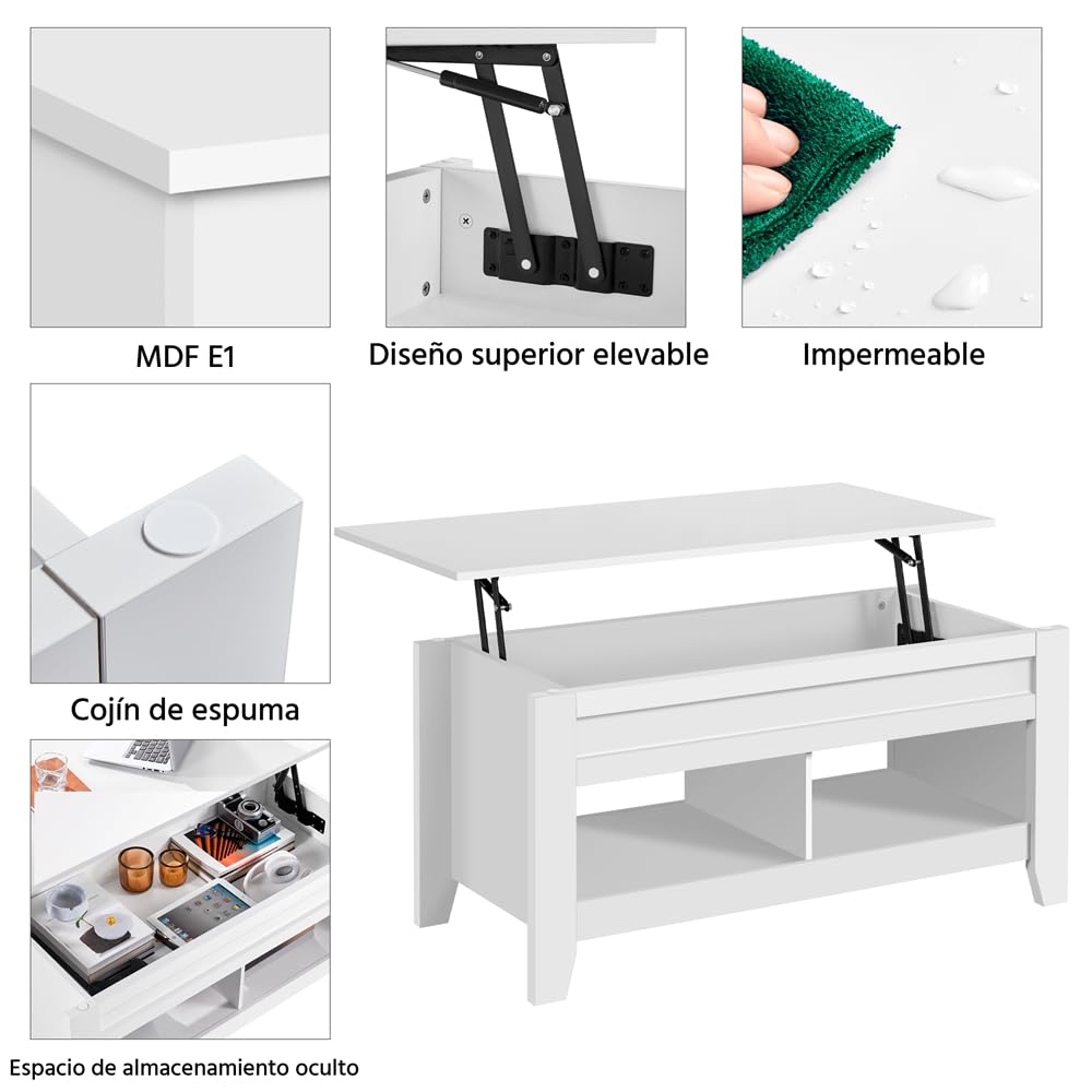Yaheetech Mesa Centro Elevable de Madera Mesa de Café para Salón con Revistero Mueble de Diseño Moderno 104.5 x 49.5 x (49-61.5) cm Blanco