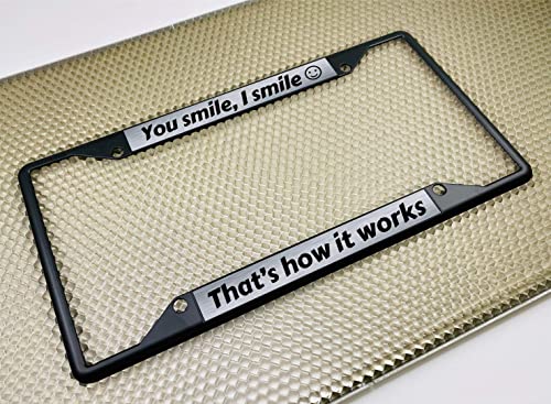 Image of Personalized with Custom Text Design - 4 Hole Black Metal Laser Engraved US Standard Size - Car License Plate Frame with Free caps - Steel /Black Text (Qty: 1 Frame)