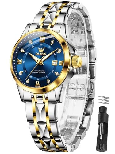Image of OLEVS Watch Women Two Tone Watches for Women with Date Dress Womens Watches for Small Wrists Luxury Easy Read Women's Watch Waterproof Blue /Black /Gold /Silver Dial Reloj para Mujer