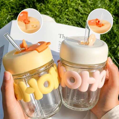 Image of Glass Tumbler with Lid & Straw - 350ml, Set of 1, Leakproof Drinking Cup, Silicone Sleeve, Reusable Iced Coffee Cup for Water, Juice, Milk, Bubble Tea & Gifts (Random Color)