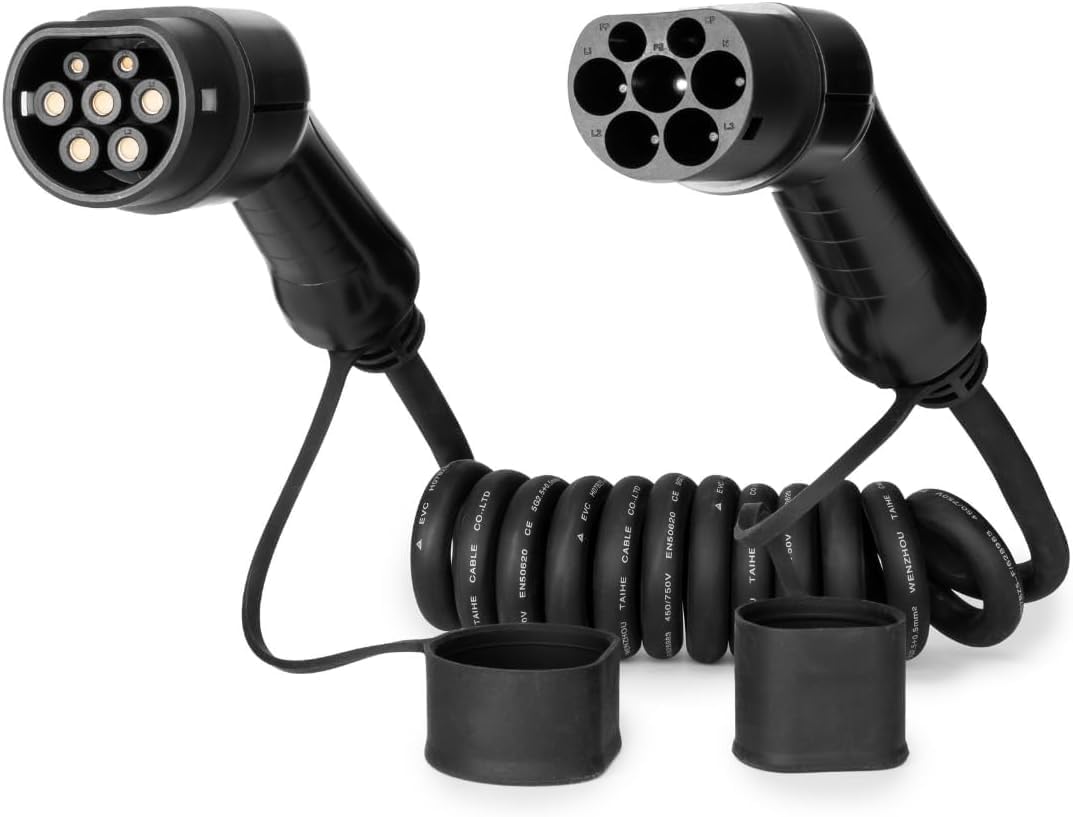 Cable de carga en espiral | Tipo 2 – 22 kW, 32 A, 3 fases, 3 m, para coches eléctricos, cable robusto de 3 m, IP54, certificado CE y TUV, para coches eléctricos tipo 2 en Europa