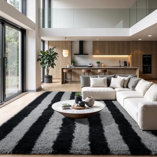 Zentavio Area Rugs for Living Room Large Rugs for Bedroom 6x9 Carpet Fluffy Fuzzy Soft Shag Aesthetic Plush High Pile Gray Throw Rug for Nursery Kids Room Dorm Horizontal Stripes Black Grey