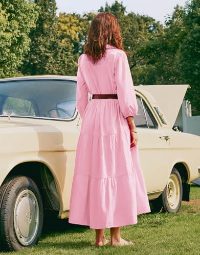 Image of Women Button Down Maxi Shirt Dress Long Sleeve Flowy Tiered Collared Dresses with Pockets