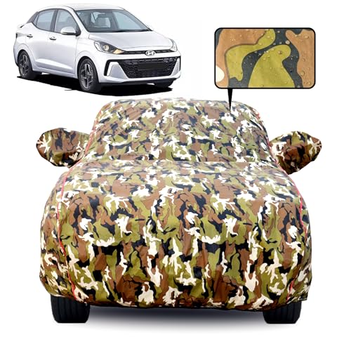 Image of Waterproof Car Body Cover for Hyundai Aura with Mirror Pocket, Soft Cotton Lining, Triple Stitched, Full Bottom Elastic (Heat Resistant Jungle Print with Red Piping)