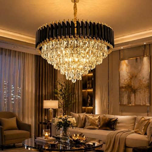Image of One94Store Black Mamba Modern Crystal Chandelier Ceiling Light 600MM, Tricolour LED (Warm, Cool, Natural), Black & Gold Luxury Jhumar for Living Room, Dining, Bedroom