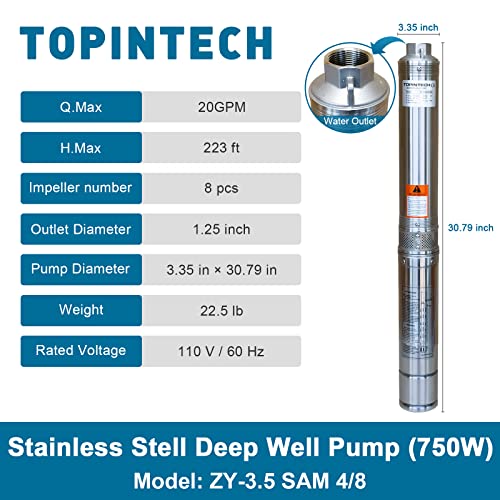 Topintech Stainless Steel Well Pump 1Hp 110V 20Gpm 223Ft Head Deep Well Submersible Pump For Domestic, Civil And Industrial #TOP1