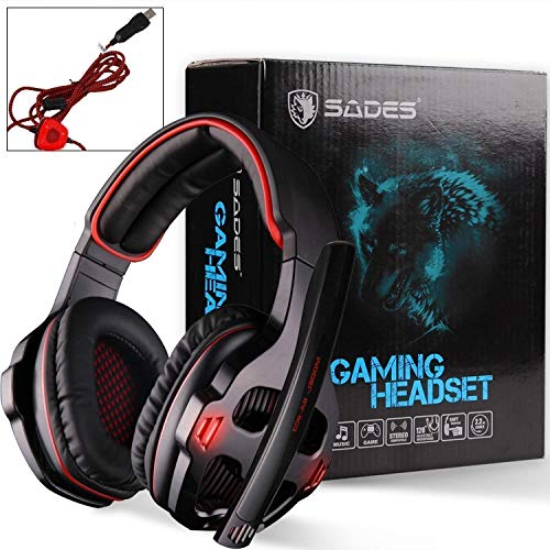 SADES USB 7.1 Stereo Surround Sound Gaming Headset with Mic LED Light, Noise Cancelling Gamer Headphones with Volume-Control for PC Mac Computer Games (Red)