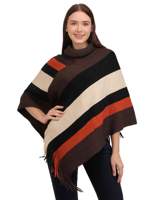 manra Women’s Elegant Knitted Poncho Top with Multi Striped Patterns and Fringed Sides for Winter (SC 09 Cap)-picture-30
