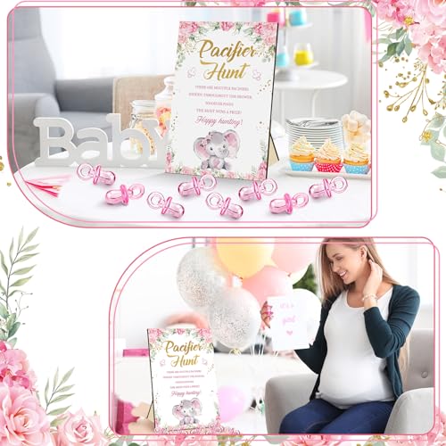 Image of Thyle 51 Pcs Pink Elephant Pacifier Hunt Baby Shower Games Include Hunt Sign 50 Acrylic Pacifiers It's a Girl Pink Elephant Theme Baby Shower Game Decoration Gift Sets for Gender Reveal Party Decor
