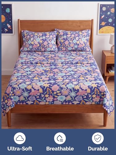 Image of Kids Queen Purple Meadow Bed Sheets - 4 Piece Kids Purple Meadow Sheet Set | Purple Meadow Themed Bedding, Ultra-Soft, Cute & Cozy, Breathable & Machine Washable, Bed Set for Boys, Girls & Teens, Comfy