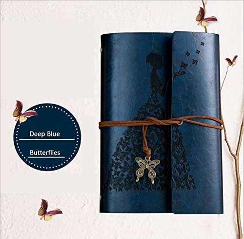 Ouguan "Vlindermeisje" lederen notitieboek/reisdagboek/schetsboek, afneembaar wit kraftpapier, 200 pagina's, geweldig cadeau-idee, miniformaat (19 x 13 cm)