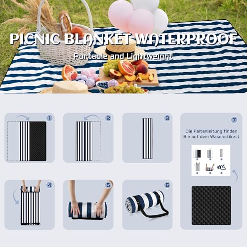Votoko Picknickdecke 200 x 200cm, Wasserdicht Stranddecke Sandfrei mit Tragegurt, Tragbare Waschbar Strandmatte XXL Campingdecke, Isoliert Picnic Blanket für Outdoor Camping Beach Park