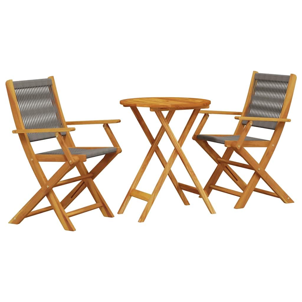 Set da 3 pezzi in legno di acacia massiccio pieghevole, in polipropilene grigio, per giardino, balcone, tavolo e 2 sedie con braccioli, fino a 110 kg per seduta