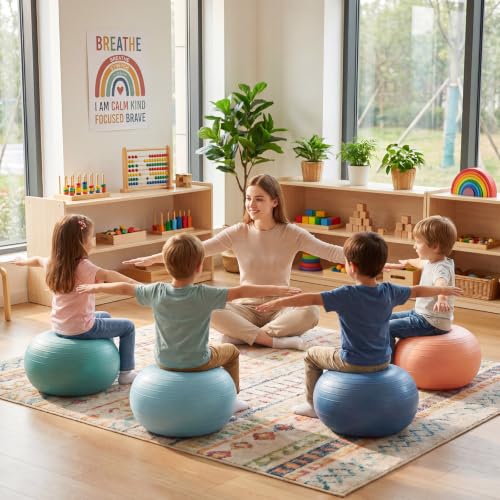 Image of Lewtemi 4 Pcs Flexible Seating for Classroom Elementary, 20'' Yoga Inflatable Ball Chair for Kids, Wobble Chair Donut Ball Chairs with Inflator for Student Sensory Balance Exercise (Morandi Color)