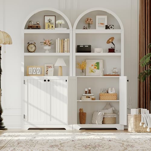 GarveeHome 72" Tall Arched Pantry Cabinet with Doors, 5-Tier Kitchen Pantry Cabinet with Adjustable Shelf & Black Handles, Wood Storage Cabinet for Dining Room, Kitchen, Living Room, White