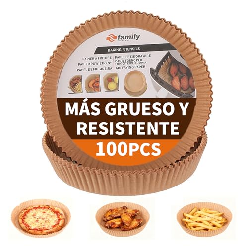 FAMILY Papeles Redondos para Freidora de Aire 20CM 100PC, Papel Grueso Antiadherente, Mantiene la Freidora Limpia y Facilita la Cocción, Ideal para Uso Diario