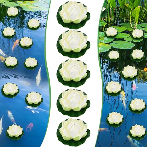 EMAGEREN 5 Stück Schwimmend Lotusblüten 10cm Künstliche Seerosen Künstliche Seerosen Schwimmend Wasserlilie Weiß Seerose Kunstblume Lotusblume Künstliche Lotus Artificial für Gartenteich Dekoratio