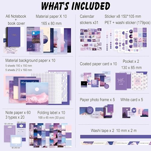 Image of Paper Vintage Aesthetic Scrapbook Kit(346Pcs) Scrapbooking Supplies Kit With Bullet Junk Journal,Stationery,A6 Grid Notebook Journaling Gift For Girl (Purple Scrapbook)