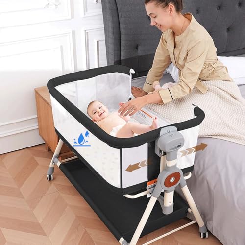 Image of Hichangto Baby Bassinet,Rocking Bassinet with Waterproof Sheet,3 in 1 Baby Bassinets Bedside Sleeper,6 Height Adjustable Bedside Bassinet for Newborn(Black)