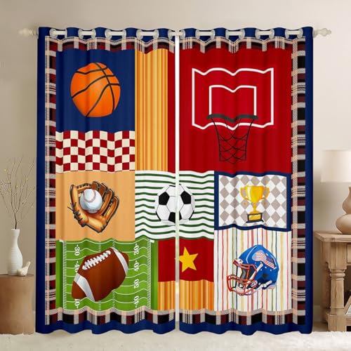Boys Football Window Curtain Cartoon Ball Sports Themed Curtains for Kids Teens Child Room Decor Colorful Geometric Grid Stripes Window Treatment Curtain Cute Baseball Rugby Window Drapes