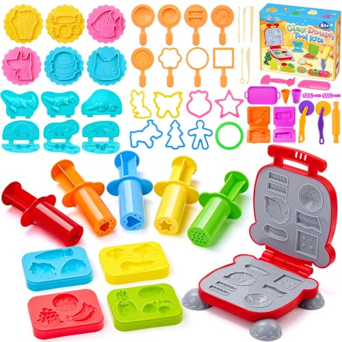 Bridokit Juego de Plastilina, 54 Piezas Moldes Plastilina, Accesorios Incluyen Hamburguesas, Dinosaurios Juguetes, Bolsa con Cordón, Herramientas Plastilina para Niños Regalo a Partir de 3 Años