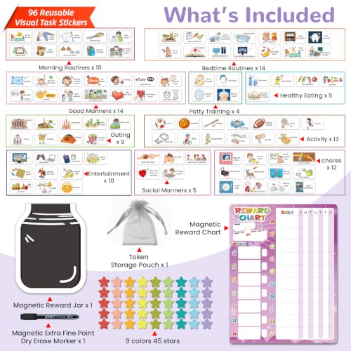 Image of JJPRO Magnetic Reward Chart for Kids with Reward Jar- Behavior Reward Chart System, Toddlers Daily Routine,Visual Schedule Board,96 Reusable Stickers& 45 Star Tokens to Motivate Responsibility