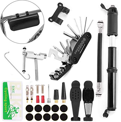Multi Bike Repair Tools Bag with Mini Bicycle Pump Fits Presta and Schrader Valve, 16-in-1 Bicycle Fix Screwdriver Tools, Chain Breaker Tool, Bicycle Tire Patch Kit, Great Accessories Kit for Bike