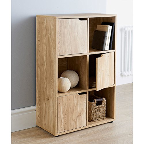 Turin MDF Oak Finish 6 Cube Shelf Books CDs & DVDs Storage Unit 3 Doors 3 Open Cubes