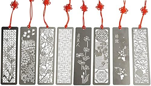 Metal Bookmarks 8 Pcs Hollow Art Stainless Steel Book Mark with Red Enless Knot, Bookmarks Gift for Men Women Book Lovers, Unique Book Marks Accessories