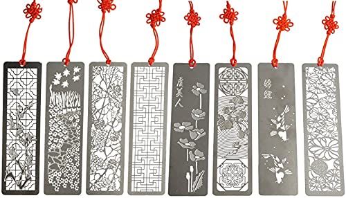 Metal Bookmarks 8 Pcs Hollow Art Stainless Steel Book Mark with Red Enless Knot Bookmarks Gift for Men Women Book Lovers Unique Book Marks Accessories