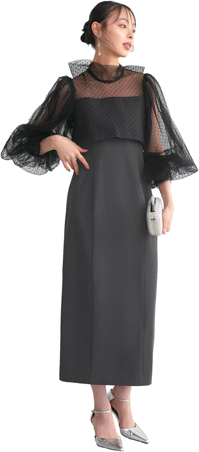 BCBGmaxazria フリル付きドット柄 黒ロングワンピース BCBGmaxazria