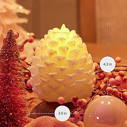 Image of Luminara Pinecone Flameless Candle White Swan Glitter and Snow Finish Pine Cone Figural, Real Wax Unscented LED Candles, Battery Operated with Timer, Holiday Decoration (3.9 inch x 4.3 inch)