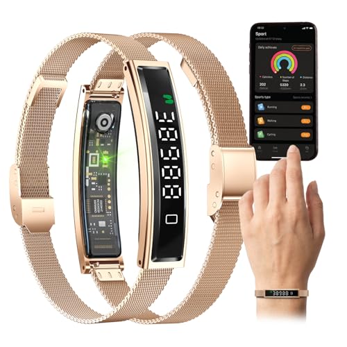 Fontastic Smartband Luxis im Schmucklook LED-Display Pulsmesser SpO2 und Stresslevel Schlaftracker mit Schrittzähler App Fyri Nxt BT 5.3 1ATM Metallband inkl. Silikonband (Roségold)