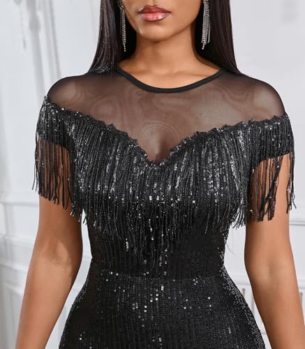 Image of Cololura Sexy Sequin Tassel Mesh Perspective Party Cocktail Bodycon Evening Club Maxi Dress