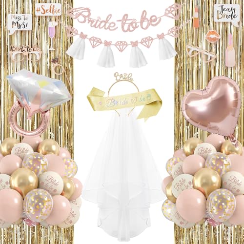 Decorações de despedida de solteira, decorações de noiva, balões rosa e branco, decorações de despedida de solteira com faixa de noiva, banda de noiva, cortina de franjas, acessórios de fotos