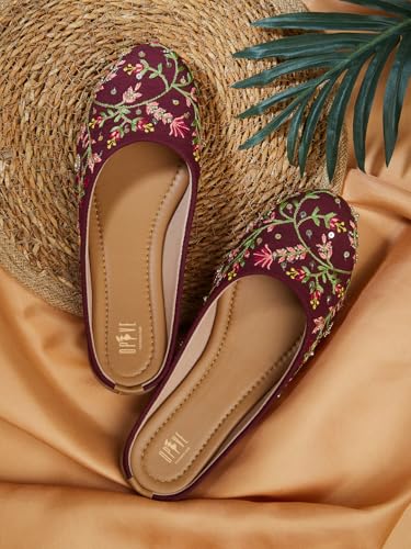 Image of OPIVE's Mehandi Women's Mojari Jutti Ethnic Punjabi Juttis Traditional Flat Embroidered Canvas Fancy Bellies Comfortable Sole for Womens & Girls